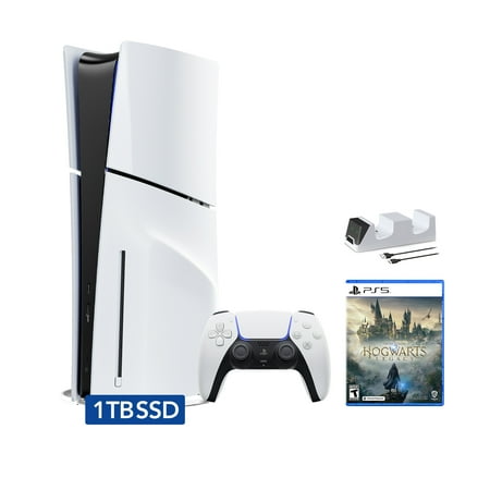 PlayStation 5 Slim Disc Edition Bundle with Hogwarts Legacy and C-Gamers Dual-Controller Charger - PS5, White