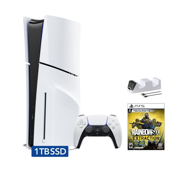 PlayStation 5 Slim Disc Edition Bundle with Rainbow 6 Extraction and C-Gamers Dual-Controller Charger - PS5, White