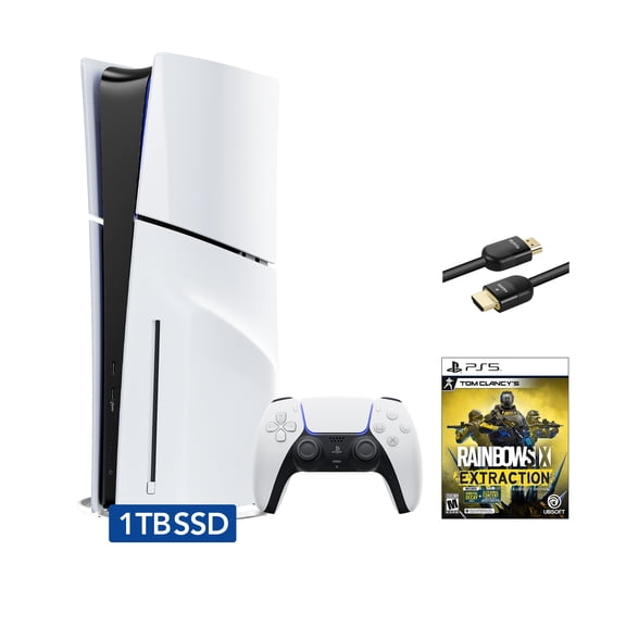 PlayStation 5 Slim Disc Edition Bundle with Rainbow 6 Extraction and Mytrix 8K HDMI2.1 Cable - PS5, White