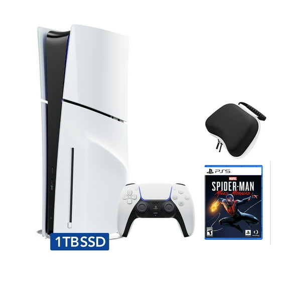PlayStation 5 Slim Disc Edition Bundle with Spider-Man: Miles Morales and Controller Case - PS5, White