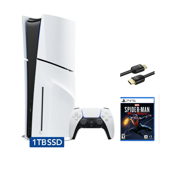 PlayStation 5 Slim Disc Edition Bundle with Spider-Man: Miles Morales and Mytrix 8K HDMI2.1 Cable - PS5, White