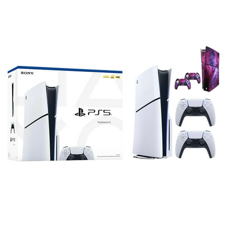 PlayStation 5 Slim Disc Version PS5 Gaming Console, AMD Ryzen Zen 8 Cores CPU 1TB PCIe Gen 4 NVNe SSD with 2 Wireless Controller, Customized Full Body Skins -Cosmic Galaxy - PS5 Disc Slim