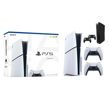 PlayStation 5 Slim Disc Version PS5 Gaming Console, AMD Ryzen Zen 8 Cores CPU 1TB PCIe Gen 4 NVNe SSD with 2 Wireless Controller, Customized Full Body Skins - Phantom Black - PS5 Disc Slim