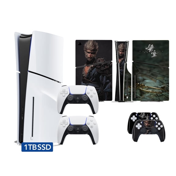 PlayStation 5 Slim Disc Version PS5 Gaming Console, AMD Ryzen Zen 8 Cores CPU 1TB PCIe Gen 4 NVNe SSD with 2 Wireless Controller, Customized Full Body Skins - Black Myth Wukong - PS5 Disc Slim