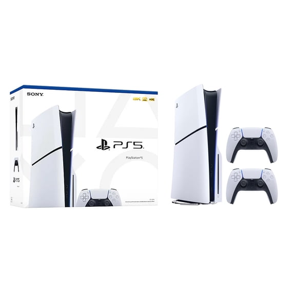 PlayStation 5 Slim Disc Version PS5 Gaming Console, AMD Ryzen Zen 8 Cores CPU 1TB PCIe Gen 4 NVNe SSD with 2 Wireless Controller - Original White - PS5 Disc Slim
