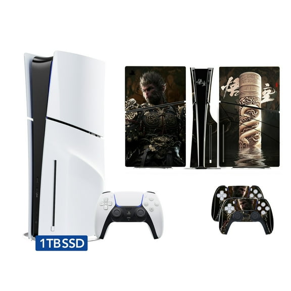 PlayStation 5 Slim Disc Version PS5 Gaming Console, AMD Ryzen Zen 8 Cores CPU 1TB PCIe Gen 4 NVNe SSD with Wireless Controller, Customized Full Body Skins - Wukong Ruyi Jingu Bang - PS5 Disc Slim