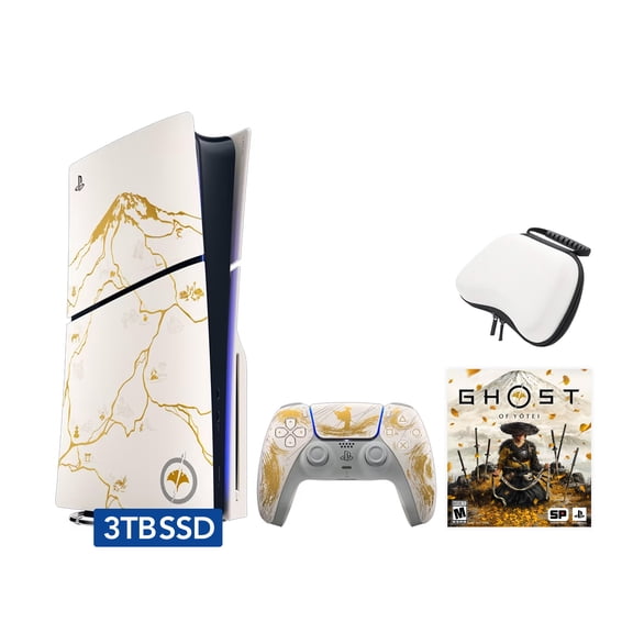 PlayStation 5 Slim Upgraded 3TB Disc Ghost of Yotei Gold Limited Edition Bundle and Controller Case - Limited Console, Controller, Ghost of Yotei Full Game - 3TB Upgraded PS5 Slim Console