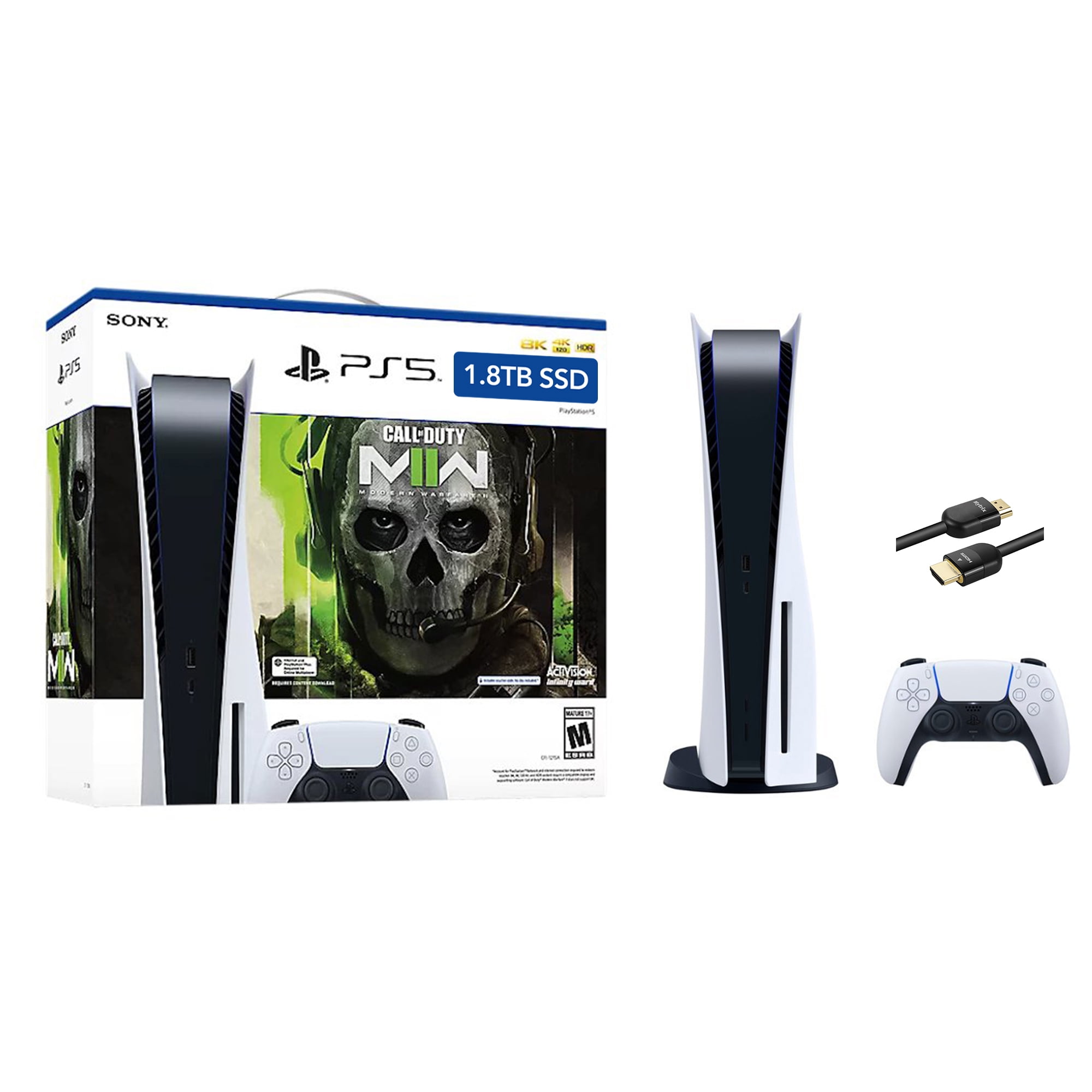 PlayStation 5 Upgraded 1.8TB Disc Edition Call of Duty Modern Warfare II Bundle and Mytrix 8K HDMI Ultra High Speed Cable White PS5 Gaming Console