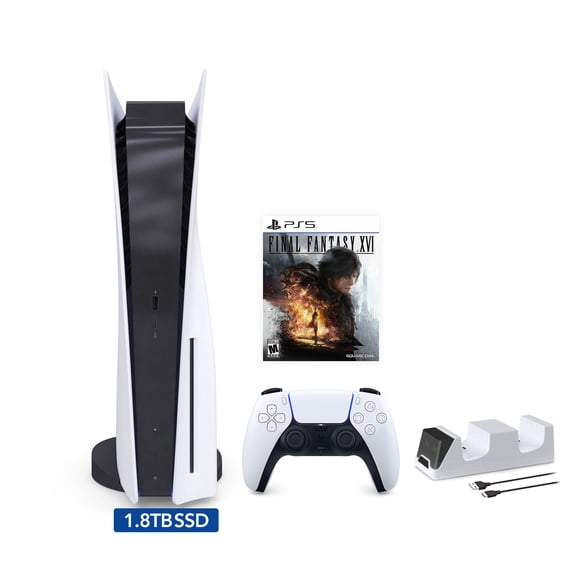 PlayStation 5 Upgraded 1.8TB Disc Edition FINAL FANTASY XVI Bundle and Mytrix Controller Charger - White, PS5 Gaming Console