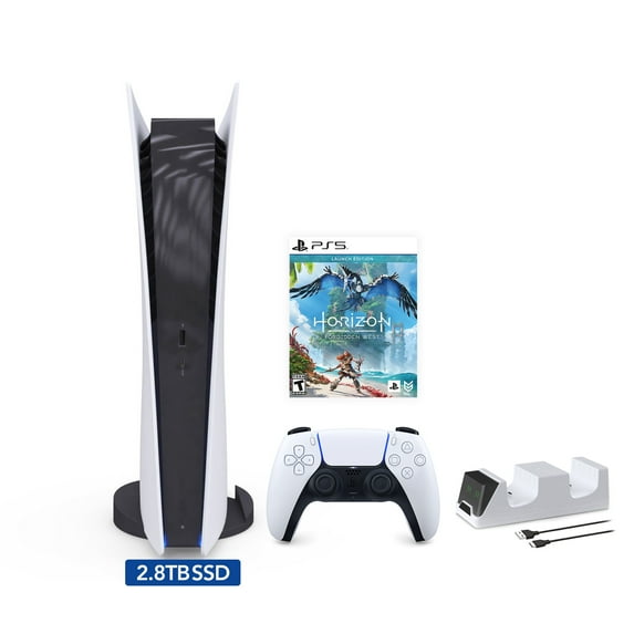 PlayStation 5 Upgraded 2.8TB Digital Edition Horizon Forbidden West Bundle and Mytrix Controller Charger - White, PS5 Gaming Console
