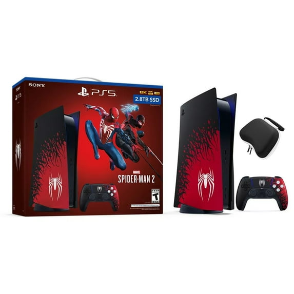 PlayStation 5 Upgraded 2.8TB Disc Spider-Man 2 Limited Edition Bundle: SpiderMan 2 Console, Controller and Game, with Mytrix Controller Case - Black/Red, PS5 Gaming Console