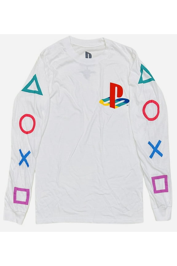 Men's Remote Control Console Button Symbols Long Sleeve Tee T-Shirt (Medium, White)