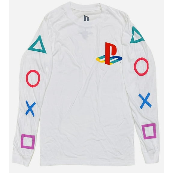 PlayStation Men's Remote Control Console Button Symbols Long Sleeve Tee T-Shirt (Small, White)