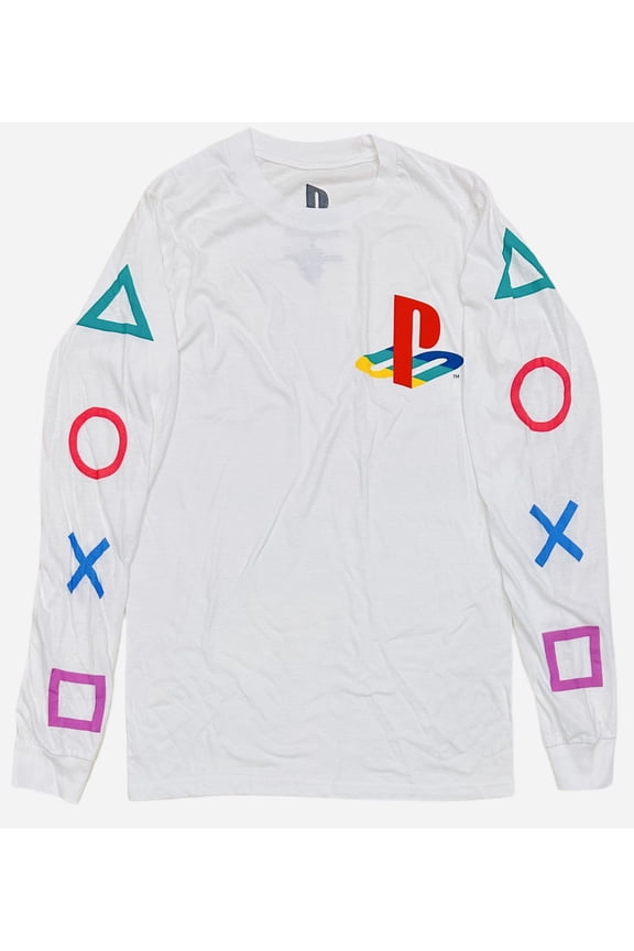 Men's Remote Control Console Button Symbols Long Sleeve Tee T-Shirt (Small, White)