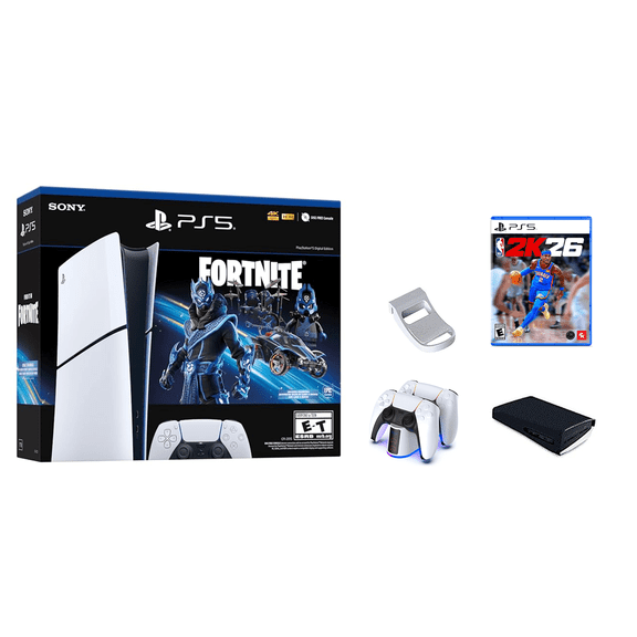 PlayStation _PS5 Console – Fortnite Cobalt Star Bundle (Digital Edition)+ NBA 2K26 + Controller Charging + Game Console Dust Cover + Headphone Hook
