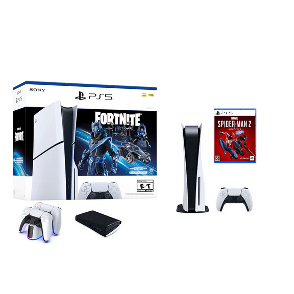 PlayStation _PS5 Console - Fortnite Cobalt Star Disc Edition + Marvel's Spider-Man 2 (Multi-Language) + Controller Charging + Game Console Dust Cover