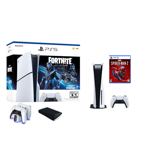 PlayStation _PS5 Console - Fortnite Cobalt Star Disc Edition + Marvel's Spider-Man 2 (Multi-Language) + Controller Charging + Game Console Dust Cover
