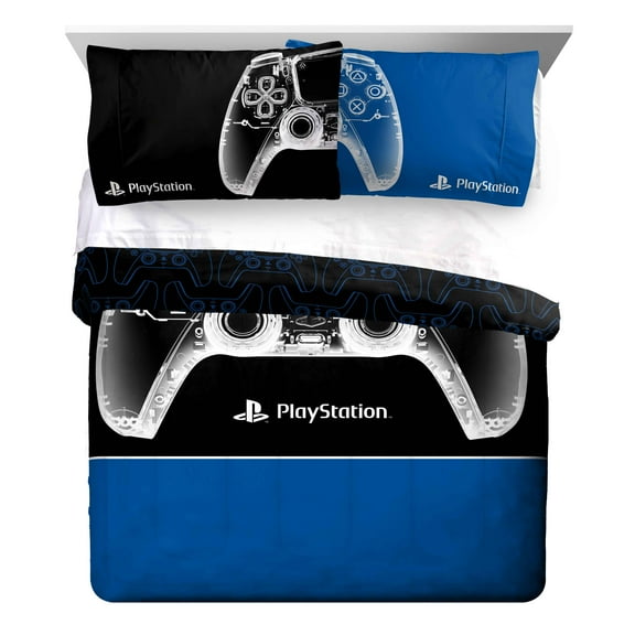 PlayStation X-Ray 3-Piece Reversible Queen Comforter and Pillowcase Set, Polyester, Blue & White