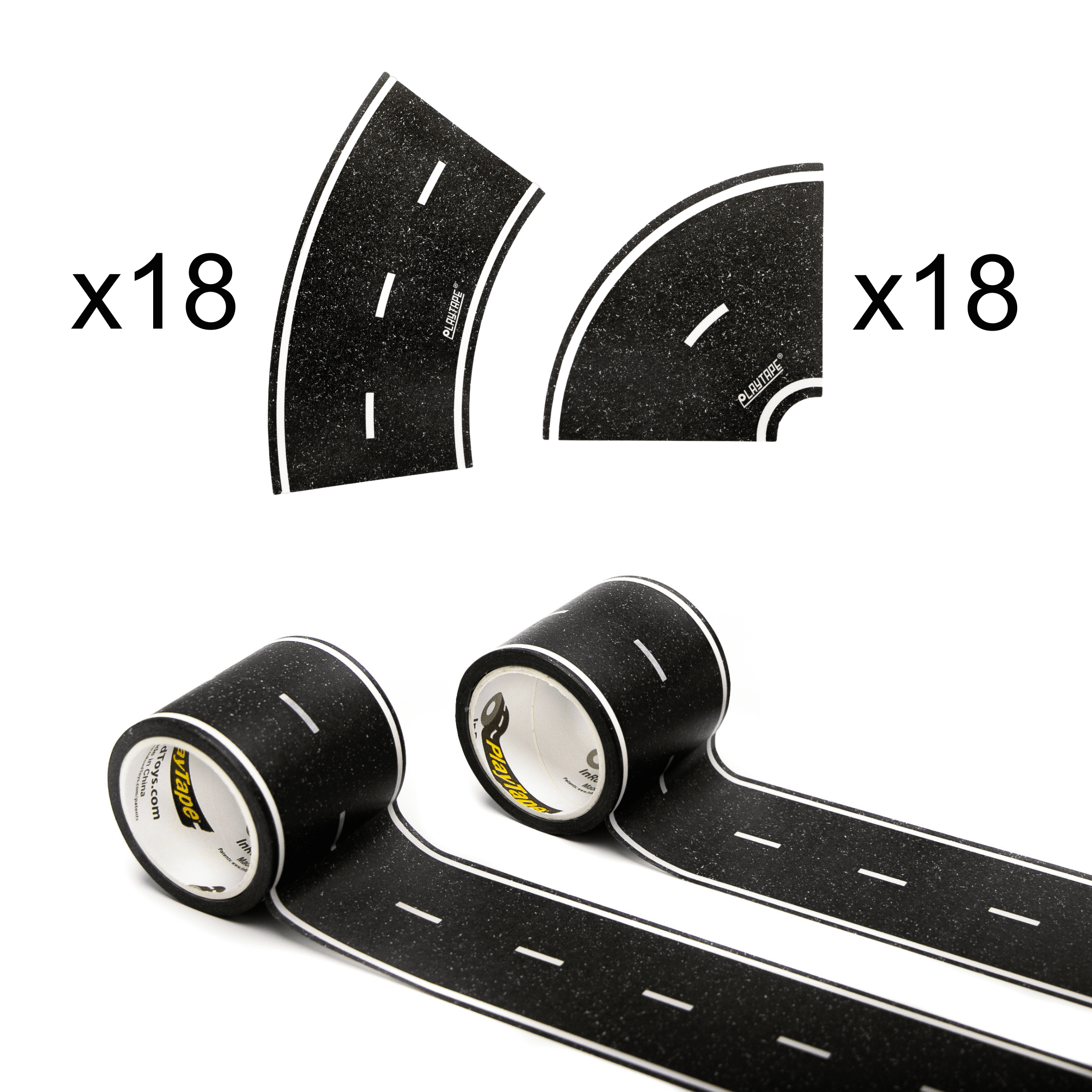 PlayTape Black Road Tape Build Pack - 30 ft. x 2 in. Black Road Tape with  36 Curve Stickers for Kid's Toy Cars and Vehicles (2 Rolls of Road Tape, 1