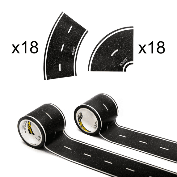 PlayTape Black Road Tape Build Pack - 30 ft x 2 in with 36 Curve Stickers for Toy Cars (2 Rolls)