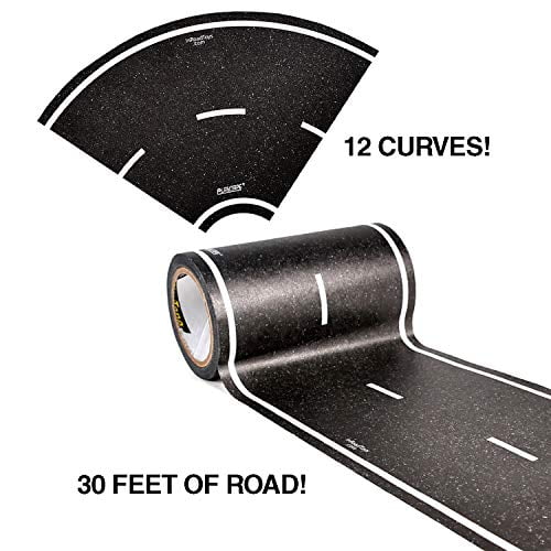 PlayTape Black Road Tape ― Includes Street Curves, Tape Toy Car Track for  Kids, Sticker Roll for Cars and Train Sets, 1 Roll of 30 ft x 4 Inch Road +