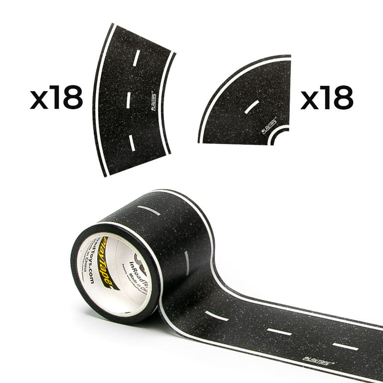 PlayTape Black Road Tape Starter Pack - 30 ft. x 2 in. Black Road Tape with  36 Curve Stickers for Kid's Toy Cars and Vehicles (1 Roll of Road Tape, 1  Roll of Curve Stickers) 
