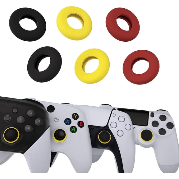 PlayVital 3 Pairs Silicone Aim Assist Target Motion Control Precision Rings for PS5, for PS4, for Xbox Series X/S, Xbox One, Xbox 360, for Switch Pro, for Steam Deck - Red & Black & Yellow