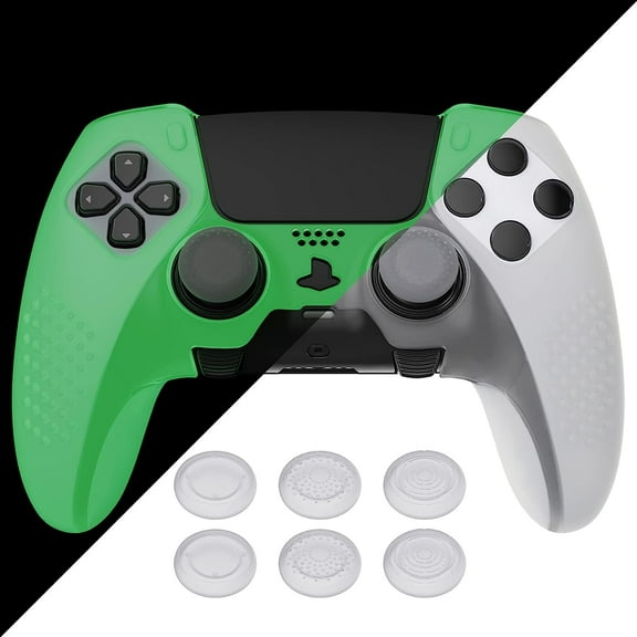 PlayVital 3D Studded Edition Anti-Slip Silicone Cover Case for ps5 Edge Controller, Soft Rubber Protector Skin for ps5 Edge Wireless Controller with 6 Thumb Grip Caps - Glow in Dark Green