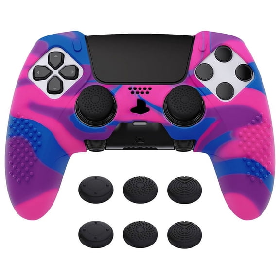 PlayVital 3D Studded Edition Anti-Slip Silicone Cover Case for ps5 Edge Controller, Soft Rubber Protector Skin for ps5 Edge Wireless Controller with 6 Thumb Grip Caps - Pink & Purple & Blue