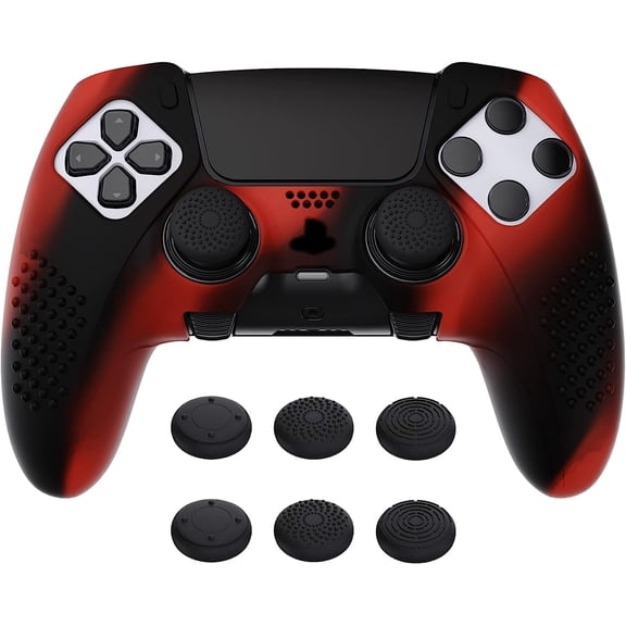PlayVital 3D Studded Edition Anti-Slip Silicone Cover Case for ps5 Edge Controller, Soft Rubber Protector Skin for ps5 Edge Wireless Controller with 6 Thumb Grip Caps - Red & Black