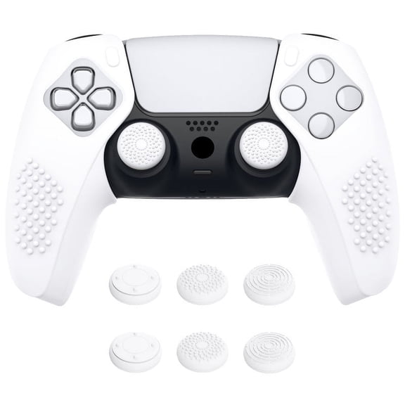 PlayVital 3D Studded Edition Ergonomic Soft Controller Silicone Case Grips for ps5 Compatible with Charging Station Rubber Protector Skins with Thumbstick Caps for ps5 Controller – White
