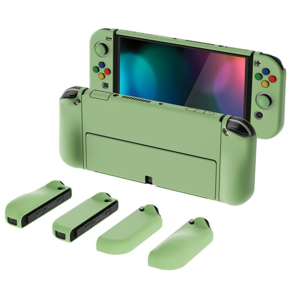 PlayVital AlterGrips Protective Slim Case Grip Cover for Joycon, Dockable Hard Shell for Switch OLED w/Thumb Grip Caps & Button Caps - Matcha Green