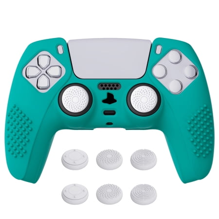 PlayVital Aqua Green 3D Studded Edition Anti-Slip Silicone Cover Skin for PS5 Controller, Soft Rubber Case for PS5 Wireless Controller with 6 White Thumb Grip Caps
