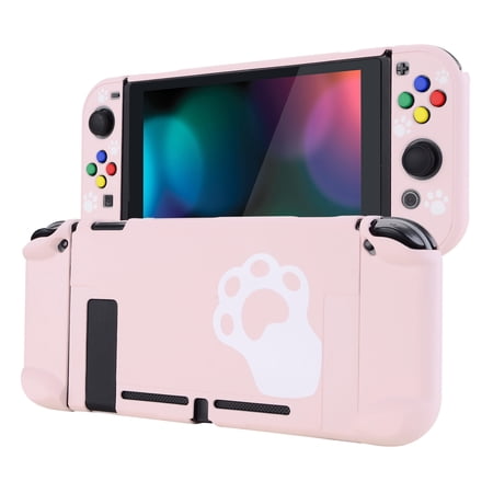 PlayVital Back Cover for Nintendo Switch Console, NS Joycon Handheld Controller Hard Shell, Dockable Protective Case with Colorful ABXY Direction Button Caps - Pink Cat Paw