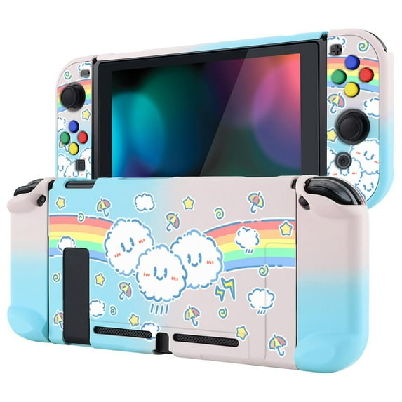 PlayVital Back Cover for Nintendo Switch Console, NS Joycon Handheld Controller Hard Shell, Dockable Protective Case with Colorful ABXY Direction Button Caps - Rainbow on Cloud