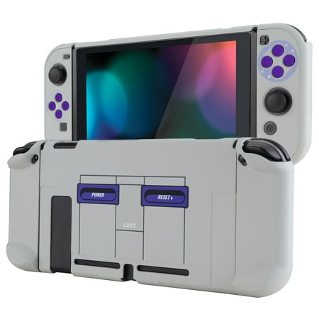 PlayVital Back Cover for Nintendo Switch Console, NS Joycon Handheld Controller Hard Shell, Dockable Protective Case with Purple ABXY Direction Button Caps - Classics SNES Style