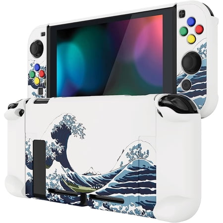 PlayVital Back Cover for Nintendo Switch, NS Joycon Handheld Controller Protector Hard Shell, Dockable Protective Case with Colorful ABXY Direction Button Caps - The Great Wave