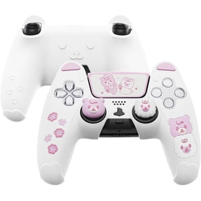 PlayVital Cute Bear Controller Silicone Case for ps5, Kawaii Controller Cover Compatible with Charging Station, Gamepad Skin Protector for ps5 with Touch Pad Sticker & Thumb Grips - White & Pink