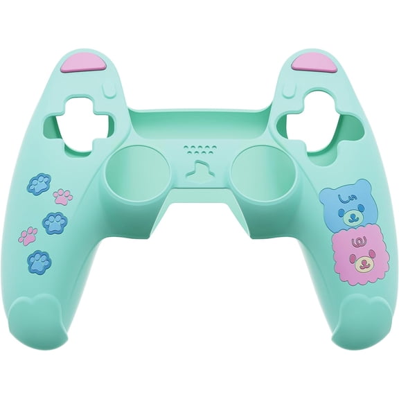 PlayVital Cute Bear Controller Silicone Case for ps5, Kawaii Controller Cover Compatible with Charging Station, Gamepad Skin Protector for ps5 with Touch Pad Sticker & Thumb Grips - Green & Red