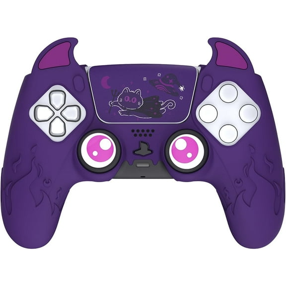 PlayVital Cute Demon Controller Silicone Case for ps5, Kawaii Controller Cover Gamepad Skin Protector for ps6 with Touch Pad Sticker & Thumb Grip Caps - Purple