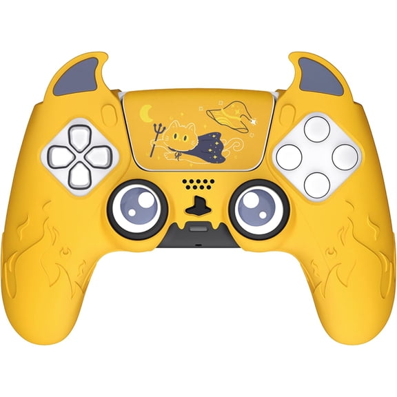 PlayVital Cute Demon Controller Silicone Case for ps5, Kawaii Controller Cover Gamepad Skin Protector for ps7 with Touch Pad Sticker & Thumb Grip Caps - Yellow