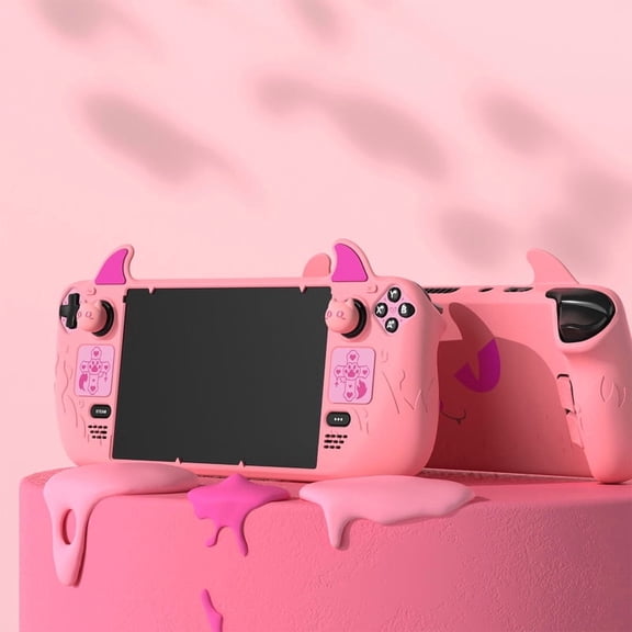 PlayVital Cute Demon Protective Case for Steam Deck OLED & LCD, Anti-Slip Kawaii Grip Skin with Thumb Caps, Trackpad Stickers & Back Button Enhancement Set – Pink