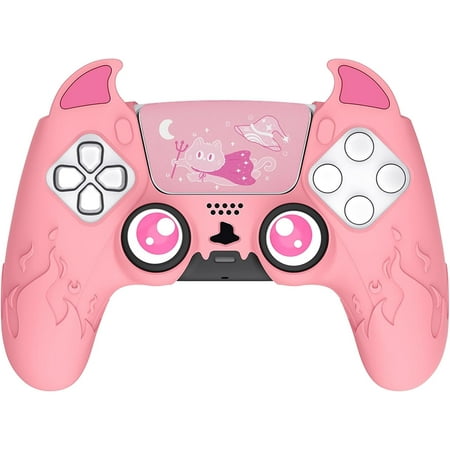 PlayVital Cute Demon Silicone Case with Touch Pad Sticker for PS5 Controller, Pink