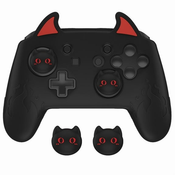 PlayVital Cute Demon Silicone Grip Cover for Nintendo Switch Pro, Wireless Protective Skin with Joystick Caps and Stickers, Black