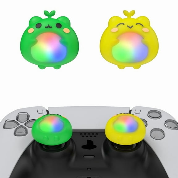 PlayVital Cute Universal Illuminated LED Thumbstick Grips for ps5, for ps4, Thumb Grip Caps for Xbox Series X|S, for Xbox One, Switch Pro, Enhanced Comfort, Joystick Protection - Frog Green & Yellow
