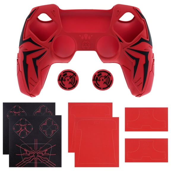 PlayVital Design for ps5 Controller Silicone Case Cover Skin, with 2 Thumb Grips and 6 Sticker, Cyber Spider Design, Fits for Charging Dock, Red & Black