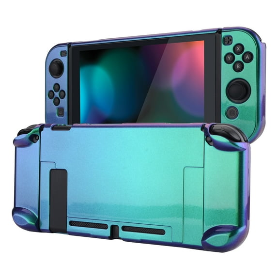PlayVital Glossy Back Cover for Nintendo Switch Console, NS Joycon Handheld Controller Separable Hard Shell, Dockable Protective Case for Nintendo Switch - Chameleon Green Purple