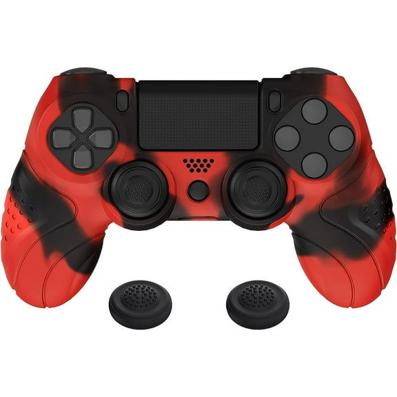PlayVital Guardian Edition Red & Black Ergonomic Soft Anti-Slip Controller Silicone Case Cover for ps4, Rubber Protector Skin with Joystick Caps for ps4 Slim/Pro Controller