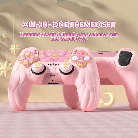 PlayVital Magic Wings Protective Silicone Cover Skin for ps5 Controller – Soft Anti-Slip Grip Protector Case with Thumbstick Caps & Stickers, Charging Station Compatible - Pink