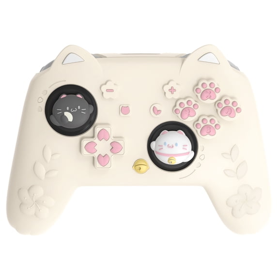 PlayVital for Nintendo Switch 2 Pro Controller Silicone Cover – Cherry Blossoms Kitten Cute Protective Case w/ Back Button Cap & Thumb Grip & Sticker -Antique Yellow